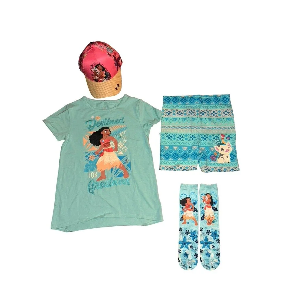 Disney Moana Girls Outfit Set  Shirt Shorts Hat Socks Pua Vacation Bundle Large